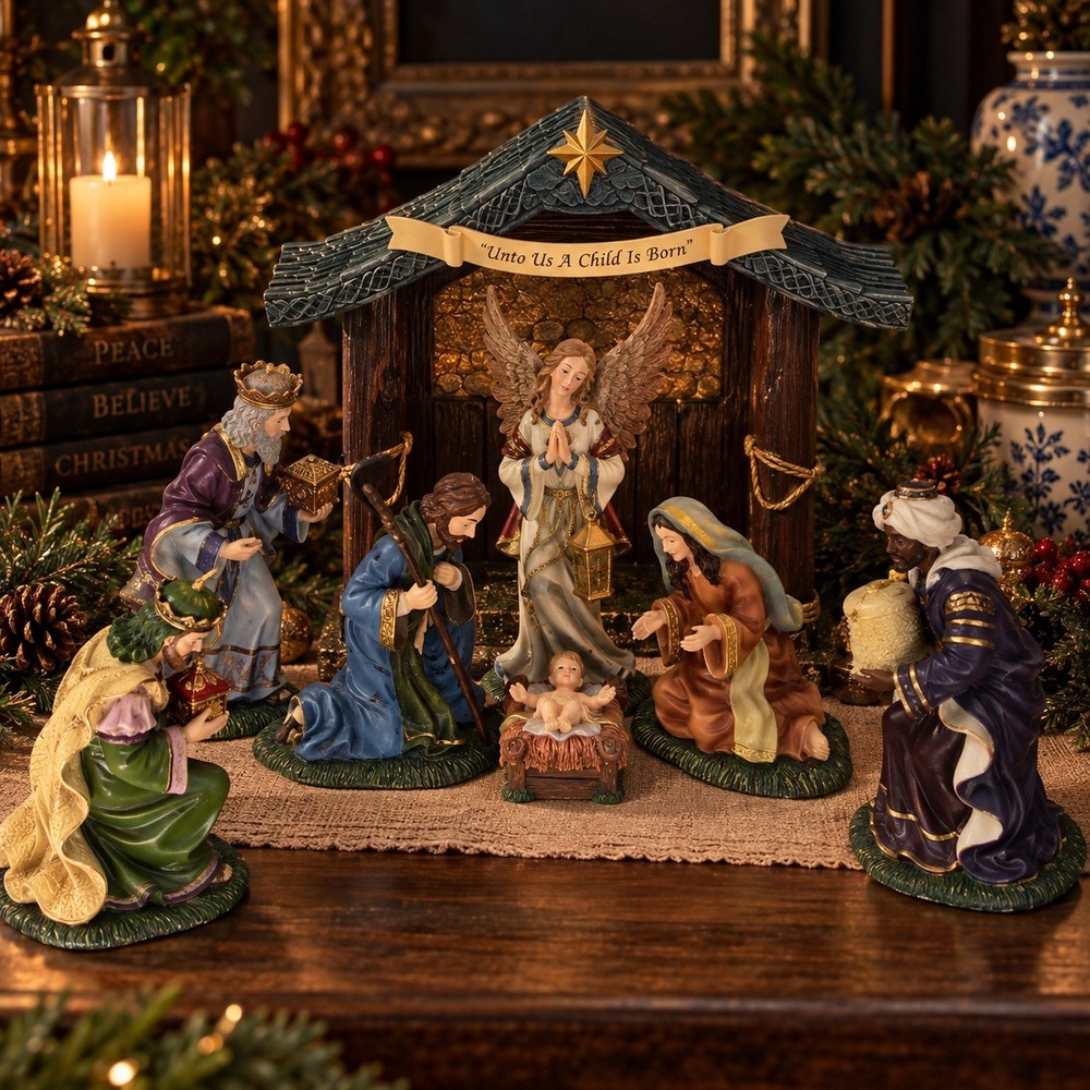 Thomas Kinkade Hawthorne Village 2007 Nativity Garland 8 Piece Set COA